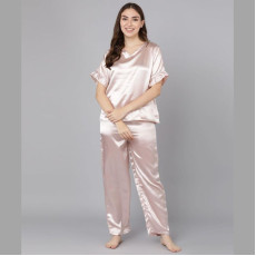 Womens Solid VNeck Full Pajama Night Suit